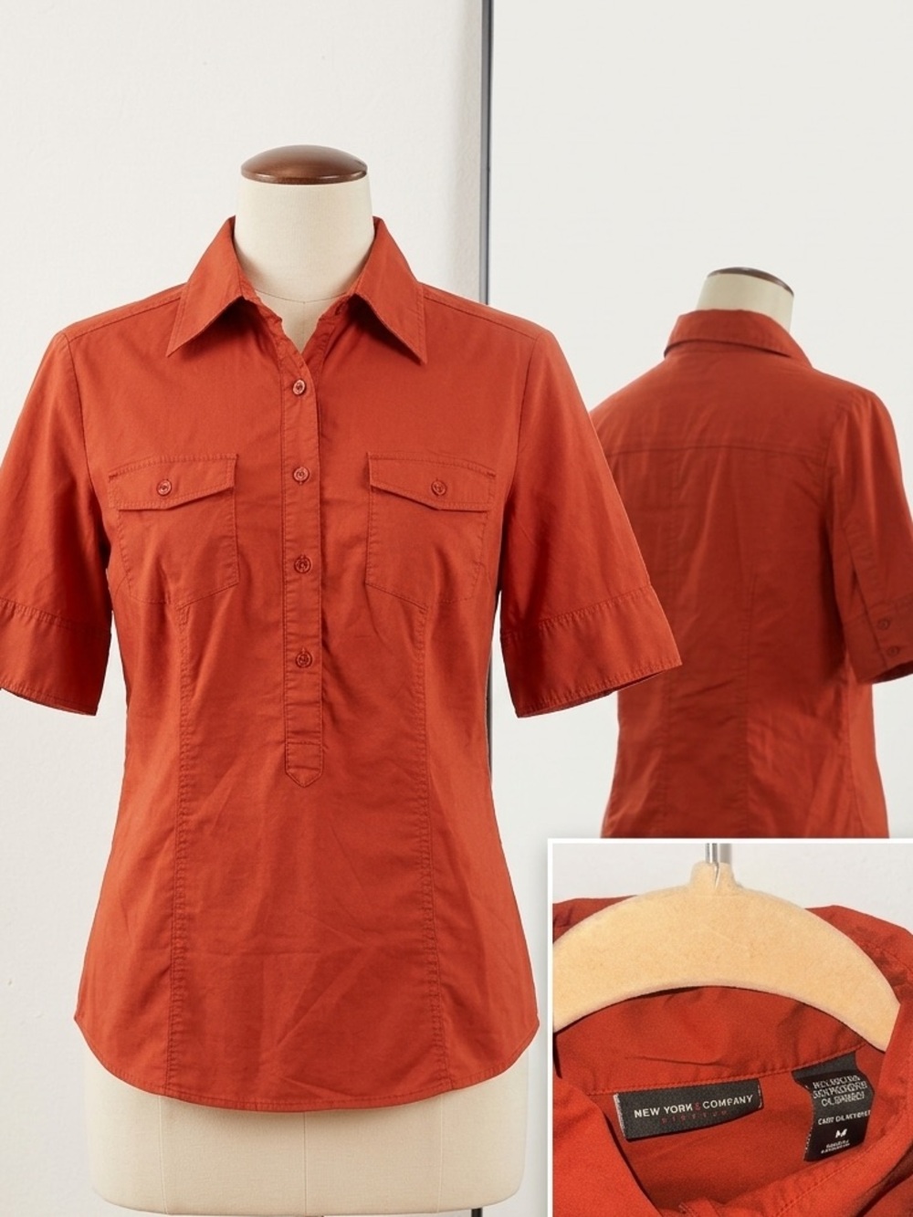 New York & Company Rust Button-Front Short-Sleeve Shirt